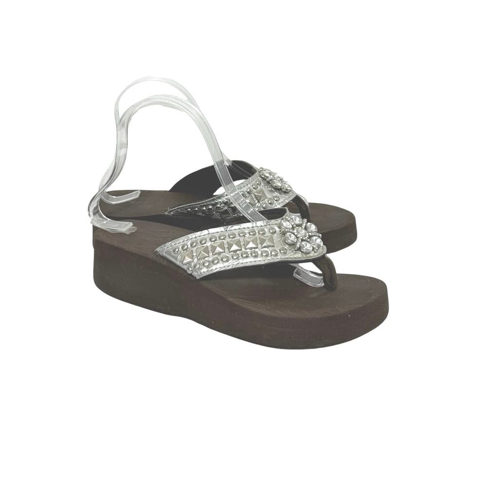 Montana West Women’s Western Bling Slip On Wedge Thong Sandals Brown & Crystal 8